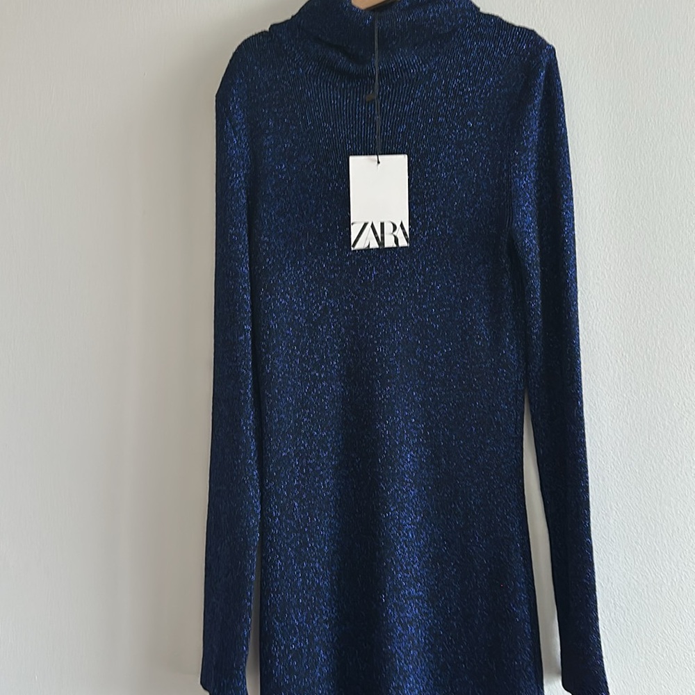 New Zara long knitted blue sparkly turtleneck, dress long sleeves size S.